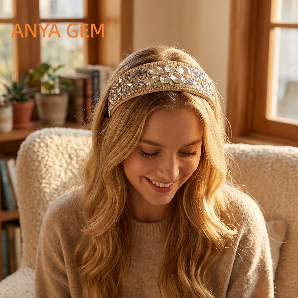 Luxury Handmade Rhinestone Headband - 4cm Wide Padded Hairband - Gold & AB Color