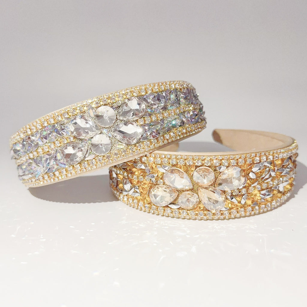 Luxury Handmade Rhinestone Headband - 4cm Wide Padded Hairband - Gold & AB Color
