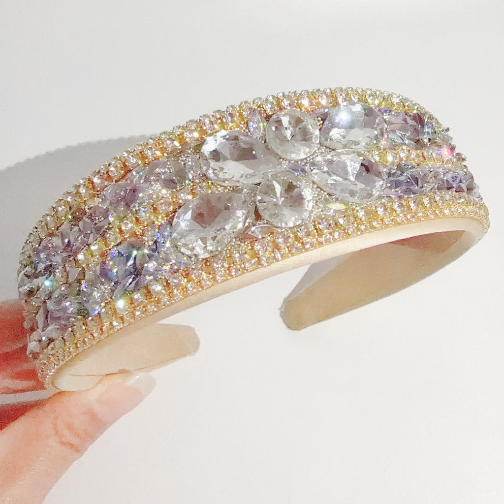 Luxury Handmade Rhinestone Headband - 4cm Wide Padded Hairband - Gold & AB Color